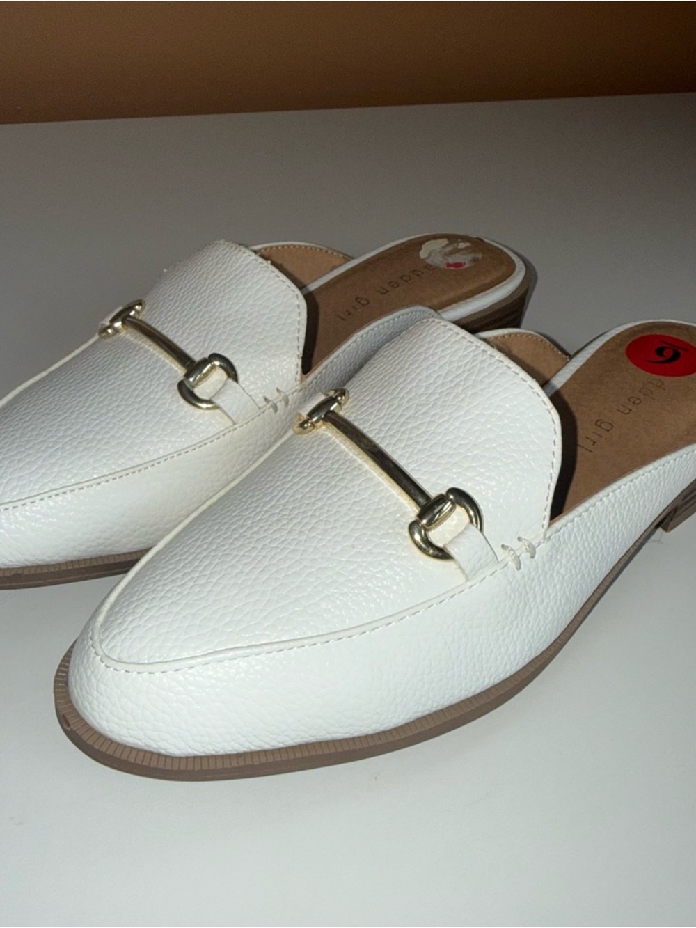 Madden Girl White Slip-On Loafer Mules with Gold Hardware